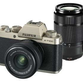 【中古】FUJIFILM ミラーレス一眼 X-T100ダブルズームレンズキット シャンパンゴールド X-T100WZLK-G